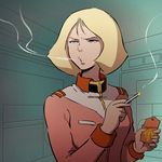  blonde_hair blowing_smoke blue_eyes cigarette cigarette_box gundam logo military military_uniform mobile_suit_gundam neo_zeon nippori_honsha oldschool out_of_character sayla_mass science_fiction short_hair smoking solo uniform zeon 