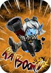  blue_eyes blue_skin bullet cannon explosion gauntlets goggles goggles_on_head hoshinokaoru league_of_legends pointy_ears silver_hair solo tristana yordle 