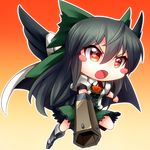  :o arm_cannon black_hair blush_stickers cape chibi gradient gradient_background kimagure_ringo long_hair outline red_eyes reiuji_utsuho solo touhou v-shaped_eyebrows weapon wings 