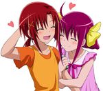  :d ^_^ bow closed_eyes commentary_request couple hair_bow heart hino_akane_(smile_precure!) hoshizora_miyuki multiple_girls open_mouth orange_shirt pink_bow pink_hair precure red_hair shirt short_hair simple_background smile smile_precure! suzushiro_yukari white_background yuri 