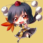  :d black_hair blush_stickers chibi hat holding kimagure_ringo looking_at_viewer open_mouth outstretched_arm shameimaru_aya short_hair simple_background smile solo tokin_hat touhou yellow_background 