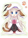  animal_ears blonde_hair blue_eyes bow cape dog_ears fang hat kureno little_busters! long_hair noumi_kudryavka pink_bow school_uniform solo tail tail_wagging thighhighs 