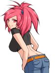  ass asuna_(pokemon) back belt breasts butt_crack crop_top denim from_behind gym_leader highres jeans large_breasts long_hair looking_back midriff nuana pants pink_eyes pink_hair pokemon pokemon_(game) pokemon_rse ponytail simple_background smile solo white_background 