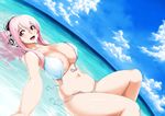  :d absurdres areola_slip areolae bad_revision bare_shoulders bikini blush breasts cleavage cloud day downscaled_revision dutch_angle front-tie_top headphones highres huge_breasts long_hair looking_at_viewer lying md5_mismatch navel nitroplus on_back open_mouth outdoors partially_submerged pink_eyes pink_hair sky smile solo super_sonico swimsuit tachibana_roku untied untied_bikini water white_bikini 
