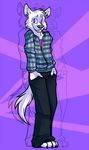  anthro canine clothing fur male mammal pants purple_eyes solo spamcat stephan_wolfe white_fur wolf zipper 