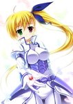  blonde_hair blush endori feathers gloves green_eyes hair_ribbon heterochromia highres long_hair lyrical_nanoha mahou_shoujo_lyrical_nanoha_strikers red_eyes ribbon sacred_heart side_ponytail simple_background smile solo vivio white_background 