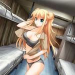  blonde_hair bra breasts cleavage double_bun dutch_angle game_cg green_eyes highres himukai_kyousuke large_breasts lilia_kjellberg long_hair muvluv muvluv_alternative_chronicles open_mouth panties solo strap_gap underwear 