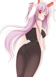  alternate_hairstyle animal_ears ass blush bunny_ears bunny_girl bunny_tail bunnysuit chimunge highres long_hair one_eye_closed panties panties_under_pantyhose pantyhose pink_hair ponytail red_eyes reisen_udongein_inaba solo tail touhou underwear very_long_hair white_background 