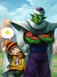  antennae black_hair cape chinese_clothes crossed_arms dragon_ball dragon_ball_(object) dragon_ball_z green_skin hat multiple_boys open_mouth piccolo remainaery smile son_gohan star turban 
