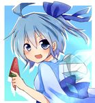  blue_eyes blue_hair blush bow cirno fang food fruit hair_bow open_mouth popsicle ribbon solo tosura-ayato touhou watermelon watermelon_bar wings 