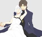  1girl bad_id bad_pixiv_id bandages brown_hair claudia_hortensia couple cross cross_necklace dress eyepatch fate/stay_night fate_(series) hetero holding_hands husband_and_wife jewelry kotomine_kirei necklace passo0102 short_hair wavy_hair white_hair yellow_eyes 