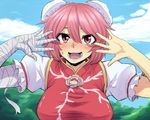  bandages blush cloud double_bun flower ibaraki_kasen nicutoka open_mouth pink_eyes pink_hair puffy_sleeves rose short_hair short_sleeves sky solo sweatdrop touhou 