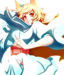  animal_ears arm_up blonde_hair breasts commentary_request dearmybrothers fox_ears fox_shadow_puppet fox_tail highres huge_breasts lips looking_back multiple_tails short_hair smile solo tail touhou white_background yakumo_ran yellow_eyes 