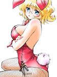  animal_ears blonde_hair blue_eyes bow bowtie breast_hold breasts bunny_ears bunny_tail bunnysuit crossed_arms detached_collar fishnet_pantyhose fishnets large_breasts legs looking_at_viewer maguta original pantyhose short_hair tail thighs wrist_cuffs 