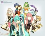  6+girls adapted_costume aqua_eyes aqua_hair bare_shoulders blonde_hair blue_eyes blue_hair brother_and_sister brown_eyes brown_hair detached_sleeves exit_tunes goggles goggles_on_head green_eyes green_hair gumi hair_ornament hair_ribbon hairclip hatsune_miku headphones hidari_(left_side) ia_(vocaloid) kagamine_len kagamine_rin kaito kamui_gakupo long_hair looking_at_viewer megurine_luka meiko midriff multiple_boys multiple_girls navel necktie open_mouth pink_hair ponytail purple_hair ribbon sailor_collar scarf short_hair shorts siblings silver_hair simple_background skirt smile thighhighs twintails very_long_hair vocaloid 