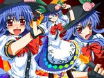  blue_hair blush bow fingerless_gloves food fruit gloves hat hinanawi_tenshi leaf long_skirt lowres one_eye_closed open_mouth peach puffy_sleeves red_eyes short_sleeves skirt smile sword sword_of_hisou takana_shinno touhou weapon 