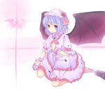  adapted_costume ascot bat_wings blue_hair flower frills hat hat_ribbon highres jewelry kneeling niseneko_(mofumofu_ga_ienai) remilia_scarlet ribbon rose short_hair solo touhou wings wrist_cuffs 