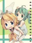  :o bad_id bad_pixiv_id blonde_hair blue_eyes carrying green_eyes green_hair hair_ornament hair_ribbon hatsune_miku kagamine_rin multiple_girls open_mouth ousaka_nozomi piggyback ribbon short_hair twintails vocaloid wavy_mouth younger 