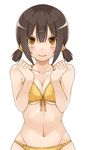  bikini black_hair blush breasts brown_eyes cleavage front-tie_top medium_breasts mo-fu navel original short_hair short_twintails solo swimsuit twintails 