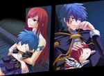  1girl blue_hair blush_stickers character_doll doll_hug erza_scarlet fairy_tail hand_on_head jellal_fernandes red_hair rokugatsu_no_usagi tattoo 