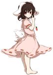  animal_ears barefoot blush_stickers brown_hair bunny_ears bunny_tail carrot carrot_necklace full_body inaba_tewi inazakura00 jewelry necklace pendant puffy_sleeves red_eyes short_hair short_sleeves simple_background skirt skirt_set solo tail touhou white_background 