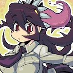  :o black_hair breasts coso-ri extra_mouth face filia_(skullgirls) large_breasts looking_at_viewer lowres necktie red_eyes samson_(skullgirls) school_uniform skirt skullgirls solo tongue tongue_out upper_body 