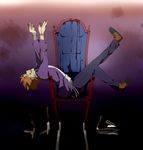  blood bracelet chair fate/zero fate_(series) highres jewelry knife male_focus orange_hair outstretched_arms piroshiki123 planted_weapon reflection sitting solo uryuu_ryuunosuke weapon 