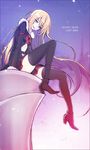  black_legwear blonde_hair blue_eyes boots dougan_calpis_con fur_trim guilty_crown guilty_crown_lost_christmas high_heels jacket lips long_hair looking_at_viewer present_(guilty_crown) shoes sitting skirt smile snow solo thigh_boots thighhighs very_long_hair 
