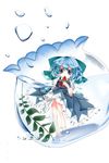  absurdres barefoot blue_eyes blue_hair bow bubble cirno dress eating fishbowl food fruit hair_bow highres ice ice_wings leaf oumi_hi popsicle puffy_sleeves ribbon short_hair short_sleeves solo touhou water watermelon white_background wings 