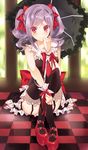  black_legwear blush bow crossed_legs dress drill_hair garter_belt hair_bow hair_ribbon idolmaster idolmaster_cinderella_girls kanzaki_ranko kureaki_(exit) long_hair red_eyes red_footwear ribbon shoes silver_hair sitting smile solo thighhighs twin_drills twintails umbrella wrist_cuffs 