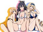  all_fours ass bikini black_hair blonde_hair breasts cameltoe cecilia_alcott charlotte_dunois frilled_bikini frills front-tie_top high_ponytail infinite_stratos kotokoto_(jumon) large_breasts long_hair long_legs looking_at_viewer looking_back multiple_girls open_mouth ponytail purple_eyes shinonono_houki shiny shiny_skin sitting split_ponytail spread_legs swimsuit twintails 