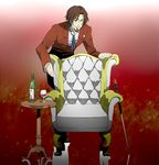  blue_eyes bottle brown_hair cane chair fate/zero fate_(series) formal gem highres male_focus nightstand one_eye_closed piroshiki123 reflection ribbon solo staff suit table toosaka_tokiomi 