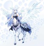  bandages bird bird_on_hand blue_eyes blue_hair centaur gloves head_wings long_hair monster_girl navel original rokugatsu_no_usagi smile solo very_long_hair wings 