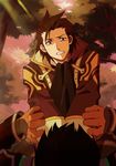  absurdres alvin_(tales) asphyxiation bad_id bad_pixiv_id black_hair brown_eyes brown_hair clenched_teeth coat cravat highres jude_mathis ku-tachibana male_focus multiple_boys scared spoilers strangling tales_of_(series) tales_of_xillia teeth tree 