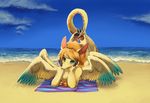  breasts brown_hair claws dragon fangs female flammie furred_dragon golden green_eyes hair looking_at_viewer lying nude outside purplekecleon sand scalie sea seaside secret_of_mana short_hair solo towel water wings yellow_feathers yellow_fur 