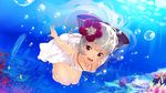  1girl :d barefoot coral dress female fish flower fujiwara_no_mokou hair_flower hair_ornament highres looking_at_viewer matsuzou open_mouth red_eyes silver_hair smile solo sundress touhou underwater water 