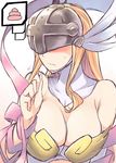  aaru_(tenrake_chaya) angewomon bare_shoulders blonde_hair blush breasts cleavage digimon digimon_world_re:digitize gameplay_mechanics have_to_poop head_wings helmet highres large_breasts long_hair poop simple_background solo thinking visor 