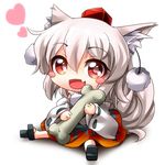  :d animal_ears blush_stickers bone chibi geta hat heart holding holding_bone inubashiri_momiji kimagure_ringo open_mouth red_eyes silver_hair sitting smile solo tail tokin_hat touhou white_background wolf_ears wolf_tail 