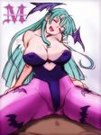  animal_print areola_slip areolae bare_shoulders bat_print breasts character_name cleavage closed_eyes covered_nipples green_hair head_wings large_breasts leotard long_hair morrigan_aensland open_mouth pantyhose spread_legs straddling vampire_(game) zero_hime 