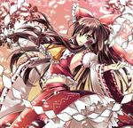  ascot bow brown_eyes brown_hair detached_sleeves fuupu gohei hair_bow hair_tubes hakurei_reimu long_hair petals ribbon skirt smile solo touhou 