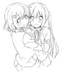  blush greyscale hirasawa_yui hug k-on! looking_at_viewer lowres monochrome multiple_girls nakano_azusa picocopi sakuragaoka_high_school_uniform school_uniform smile 