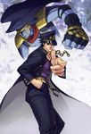  asurafkmt black_hair fingerless_gloves gakuran gloves green_eyes hat jojo_no_kimyou_na_bouken kuujou_joutarou multiple_boys pointing school_uniform stand_(jojo) star_platinum 