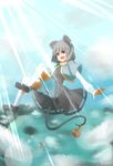  absurdres animal animal_ears basket bloomers capelet cloud grey_hair highres long_sleeves mary_janes mouse mouse_ears mouse_tail nazrin niseneko_(mofumofu_ga_ienai) open_mouth red_eyes ship shoes short_hair solo tail touhou underwear watercraft 