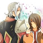  2boys alexei_(tales_of_vesperia) alexei_dinoia aqua_eyes armor brown_eyes brown_hair cape grey_hair hair_over_one_eye multiple_boys schwann_oltorain short_hair tales_of_(series) tales_of_vesperia 