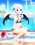  60mai alternate_hairstyle bad_id bad_pixiv_id ball bat_wings beachball bikini blue_hair error no_hat no_headwear ponytail pool red_eyes remilia_scarlet short_hair side-tie_bikini smile solo swimsuit touhou wings 