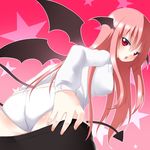  ass bad_id bad_pixiv_id bent_over blush demon_tail demon_wings head_wings hikataso koakuma long_hair long_sleeves open_mouth panties red_eyes red_hair solo tail touhou underwear undressing very_long_hair white_panties wings 