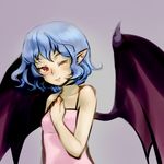  bare_shoulders bat_wings blue_hair camisole flat_chest grey_background hand_on_own_chest large_wings magical_ondine one_eye_closed pointy_ears red_eyes remilia_scarlet short_hair simple_background smile solo touhou wings 