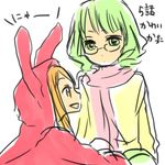  2girls akb0048 animal_ears blonde_hair curly_hair fake_animal_ears green_eyes green_hair kanzaki_suzuko lowres multiple_girls shinonome_sonata short_hair translation_request yellow_eyes 