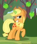  applejack_(mlp) blonde_hair bush cowboy_hat cutie_mark equine female feral freckles friendship_is_magic fruit glowing green_eyes hair hat horn horse magic mammal my_little_pony outside pony smile solo sparkles tree unicorn veggie55 wood 