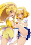  bad_id bad_pixiv_id bike_shorts blonde_hair cardigan choker cure_peace dual_persona hair_flaps hairband holding_hands kise_yayoi kneehighs long_hair magical_girl multiple_girls nanairogaoka_middle_school_uniform one_eye_closed panties ponytail pororigenki precure school_uniform short_hair shorts shorts_under_skirt simple_background skirt smile_precure! underwear white_background white_hairband white_panties yellow_eyes yellow_shorts yellow_skirt 